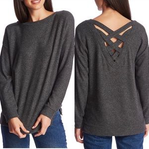 1. STATE Gray Waffle Weave Lattice Lace Up Sweater Sz Small